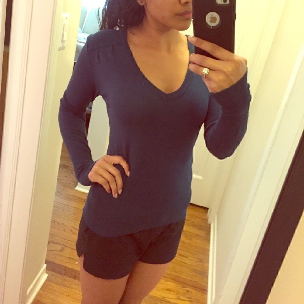 Navy blue teal knit v-neck sweater loose knit S